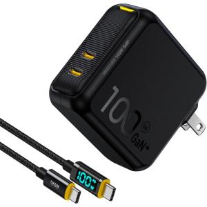 AOHI 100W USB C Charger GaN+, 2 Port Type C PD Wall Charger Foldable Power Adapter with 4ft USB C LED Display Cable for MacBook Pro/Air, iPad Pro, iPhone 15/14/13/12, Galaxy, Laptops, Black(Black)