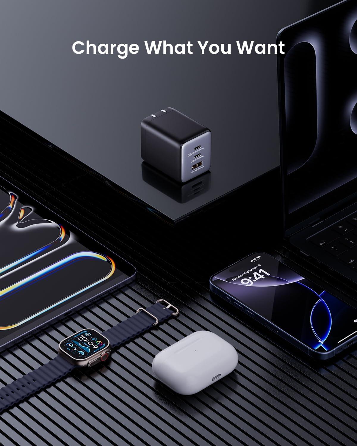image100W USB C Charger Block Fast Wall GaN Charger 3Port Compact Foldable USB Power Adapter for MacBook ProAir Dell XPSiPad ProiPhone SeriesGalaxy S25S24and More