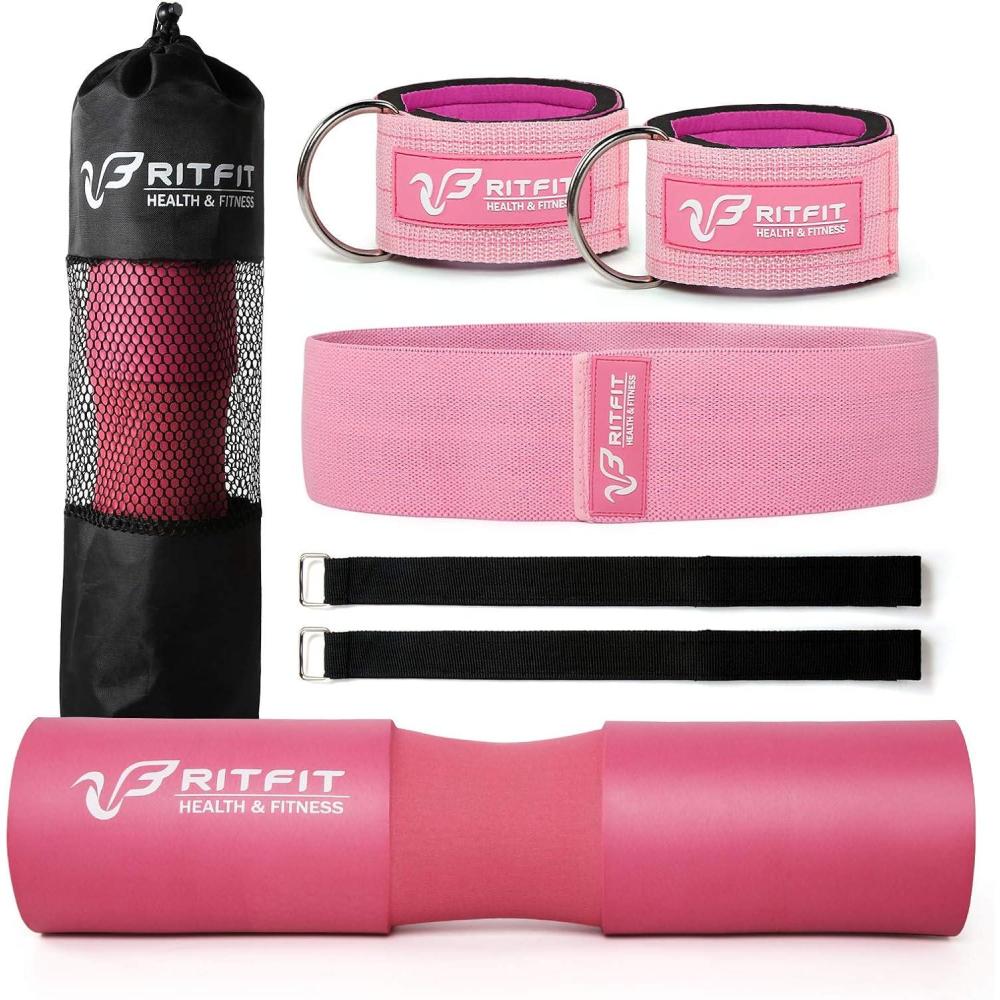 imageRitFit 7 Pcs Barbell Squat Pad Set with Resistance Band 2 Safety Straps 2 Gym Ankle Straps ampamp Carry Bag Upgraded Neck ampamp Shoulder Protective Pad Support for Squats Lunges ampamp Hip Thrust PinkBlackPink