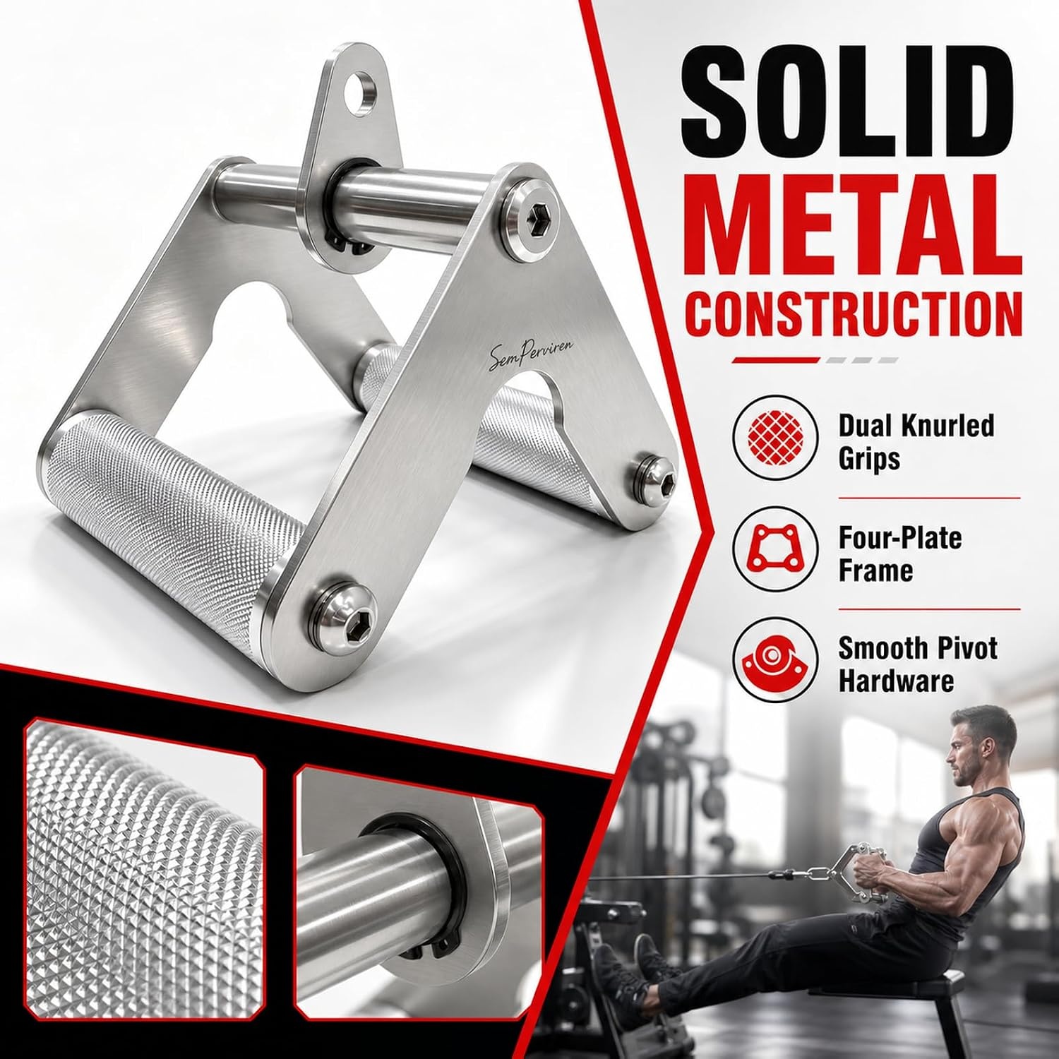 image:imageDouble D Row Handle Cable Attachment HeavyDuty Stainless Steel V Bar with NonSlip Aluminum Grips 4Grip Cable Machine Attachment for LAT Pulldown Seated Rows Back Shoulder amp Arm Workouts
