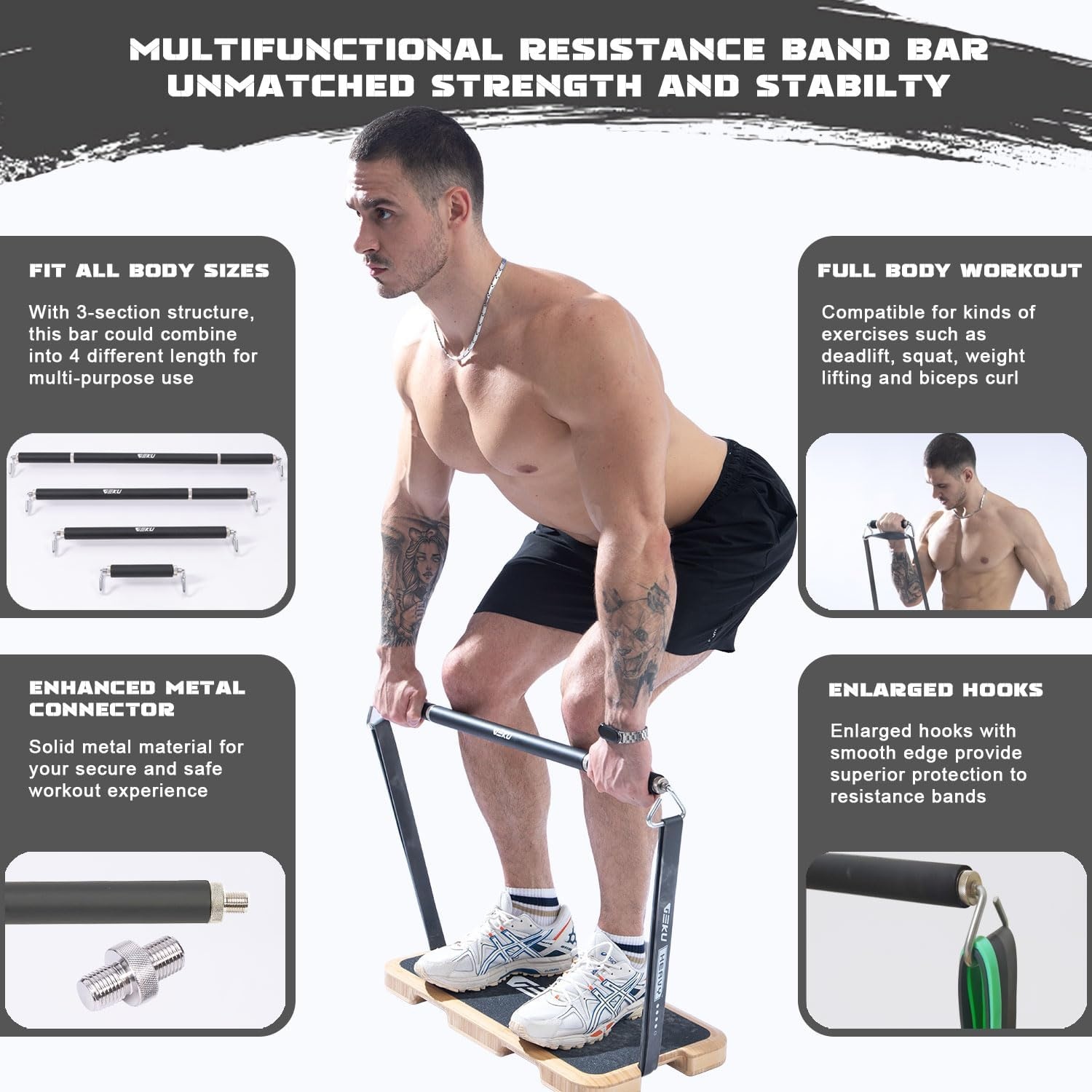 image:imageResistance Band Bar LengthAdjustable Detachable Heavy Duty Workout Bar for Resistance Band Training Core Muscle Training Home amp Ourdoor Workout Max Load 800 LbsResistance Band Bar5 Bands Set