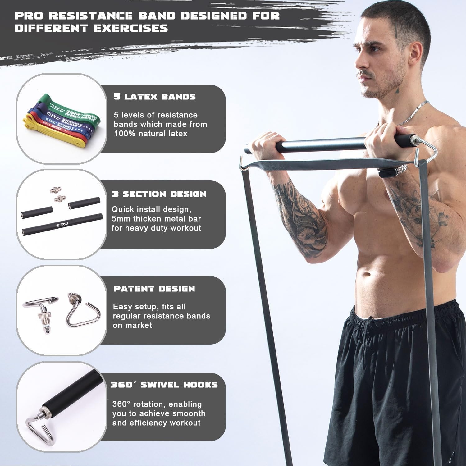 image:imageResistance Band Bar LengthAdjustable Detachable Heavy Duty Workout Bar for Resistance Band Training Core Muscle Training Home amp Ourdoor Workout Max Load 800 LbsResistance Band Bar5 Bands Set