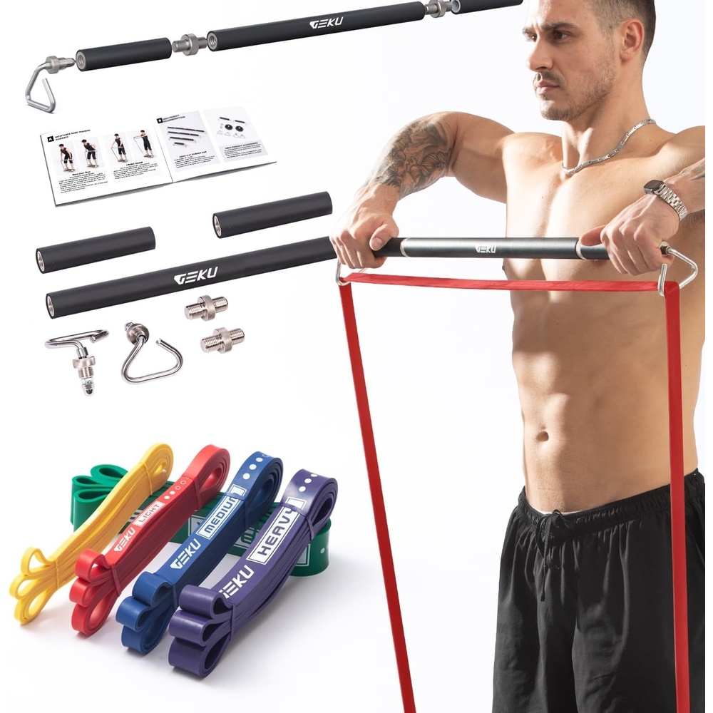 image:imageResistance Band Bar LengthAdjustable Detachable Heavy Duty Workout Bar for Resistance Band Training Core Muscle Training Home amp Ourdoor Workout Max Load 800 LbsResistance Band Bar5 Bands Set