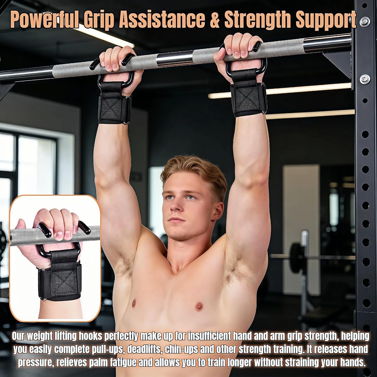 image:imagePull Up Assist Hooks 1 Pair 330 LB Heavy Duty Lifting Wrist Straps Metal Hooks with Adjustable Nylon Strap for Deadlift ChinUp Strength Training Men and Women