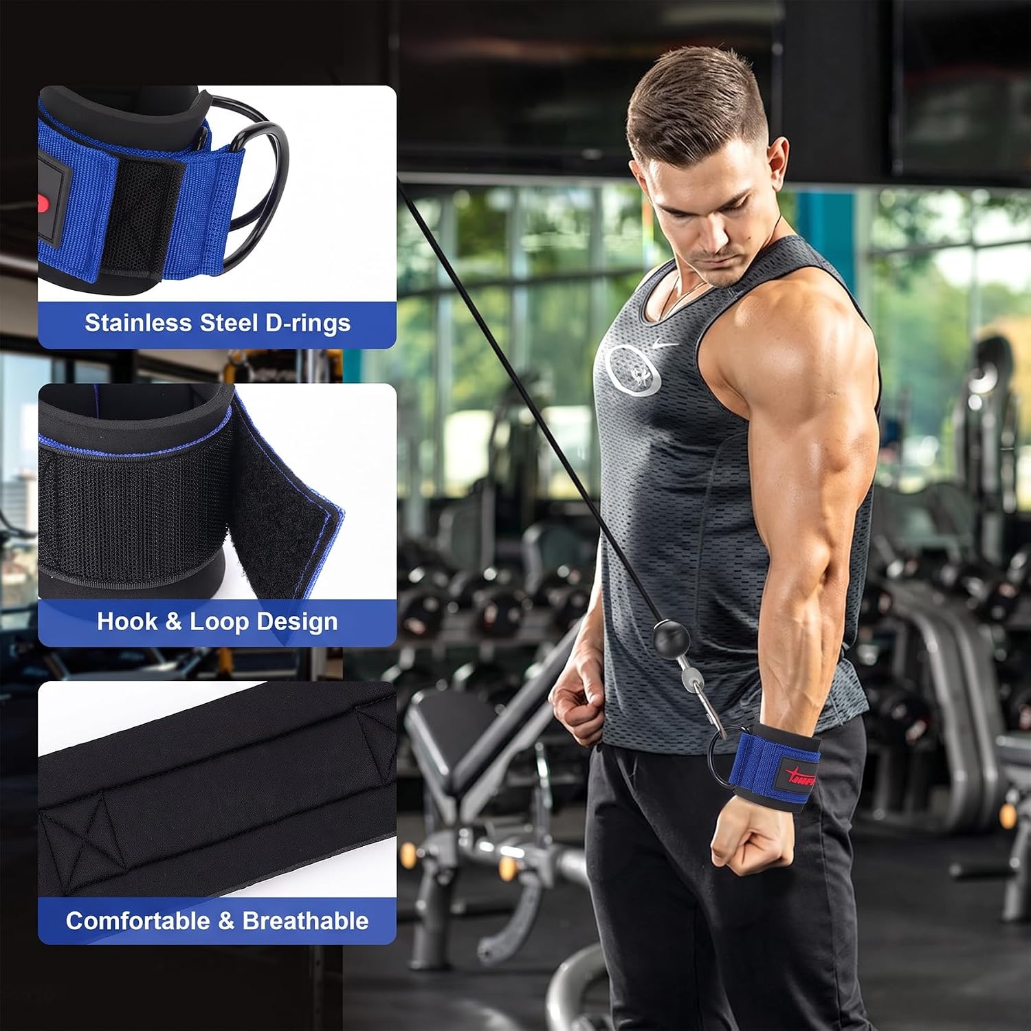 image:imageWrist Straps for Cable Machines Wrist Cuffs for Men Woman Neoprene Padded Straps for Gym Strength Training EquipmentBlue